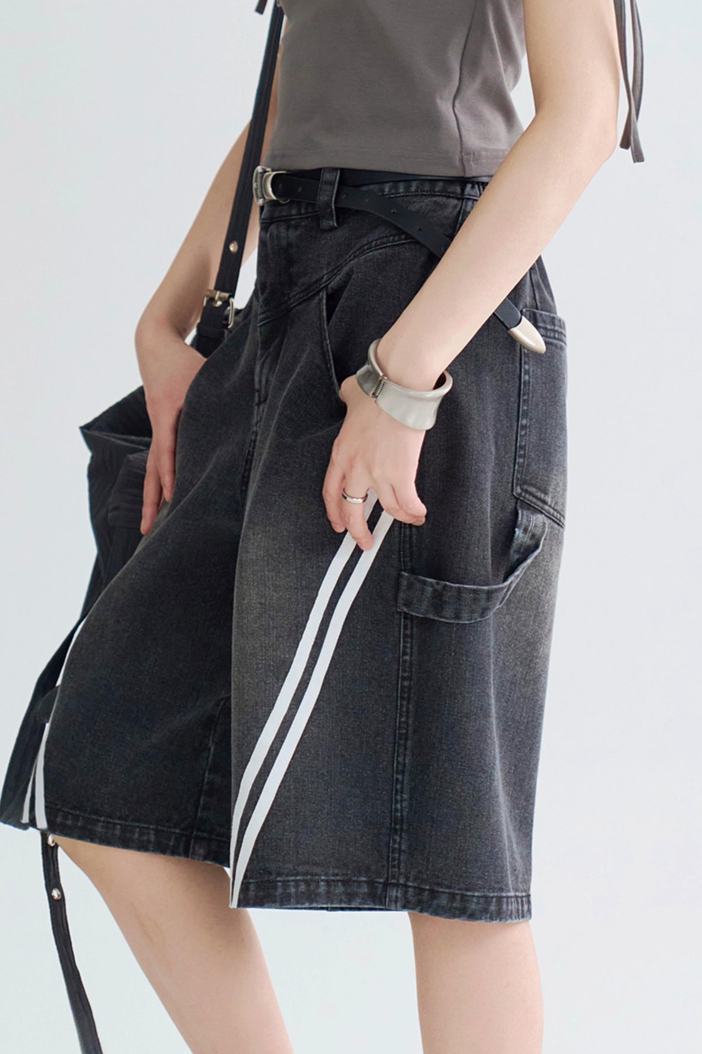 ストライプコントラストクロップドジーンズ