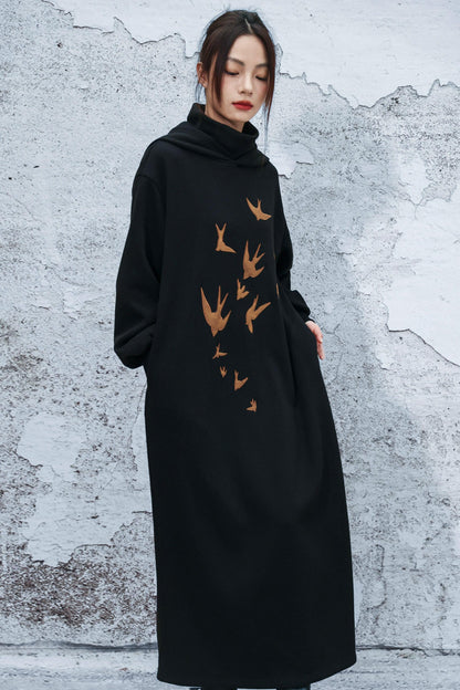 チャイニーズフリースラインフーデッドドレス