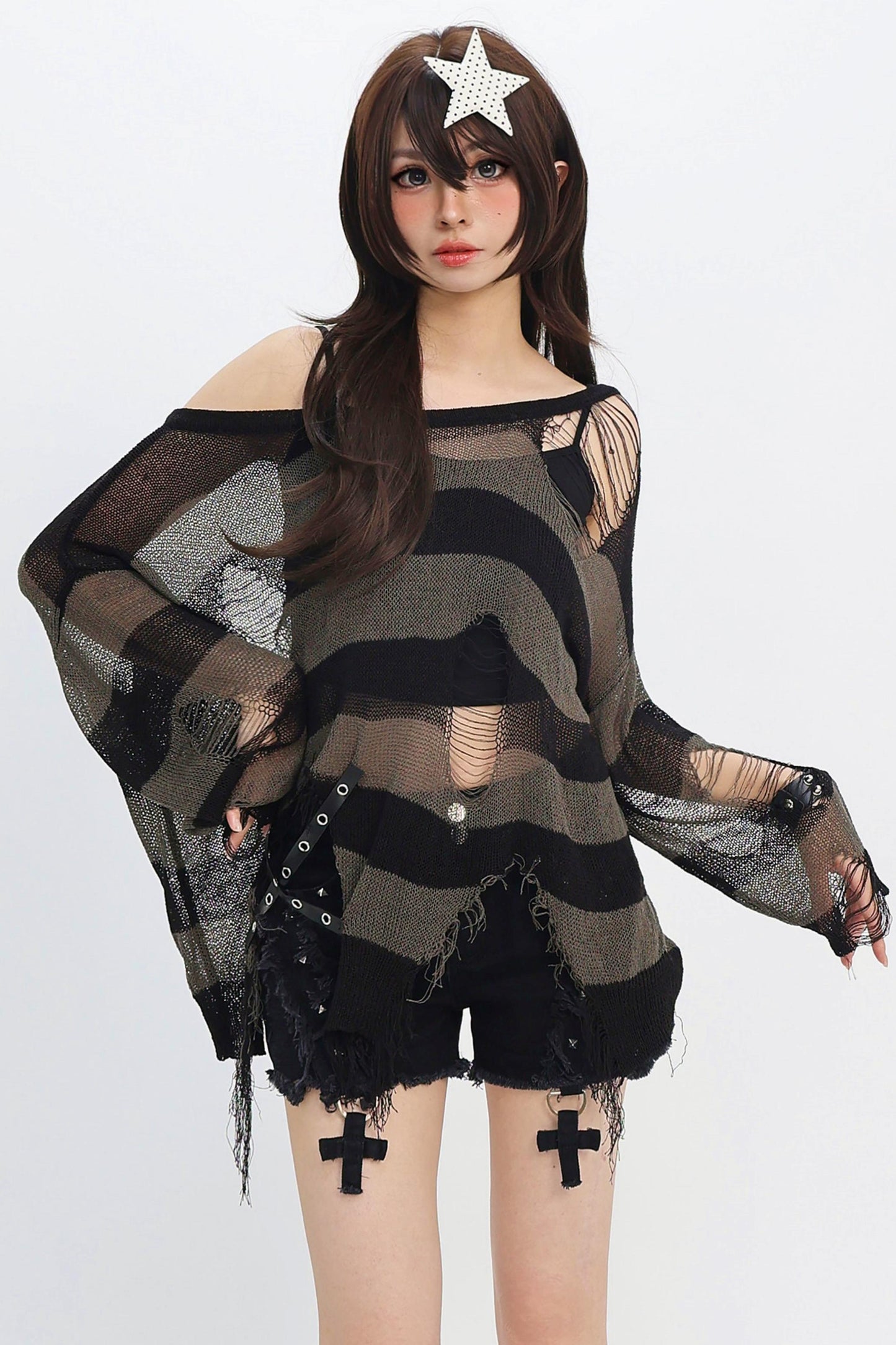 Striped Distressed Mesh Knit