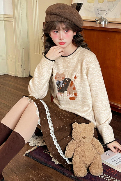 キャットジャカードカラーブロックセーター