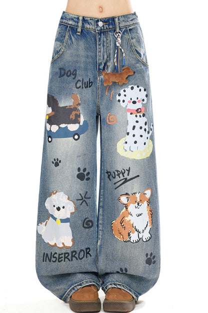 Dog Graphic Wide Denim Pants