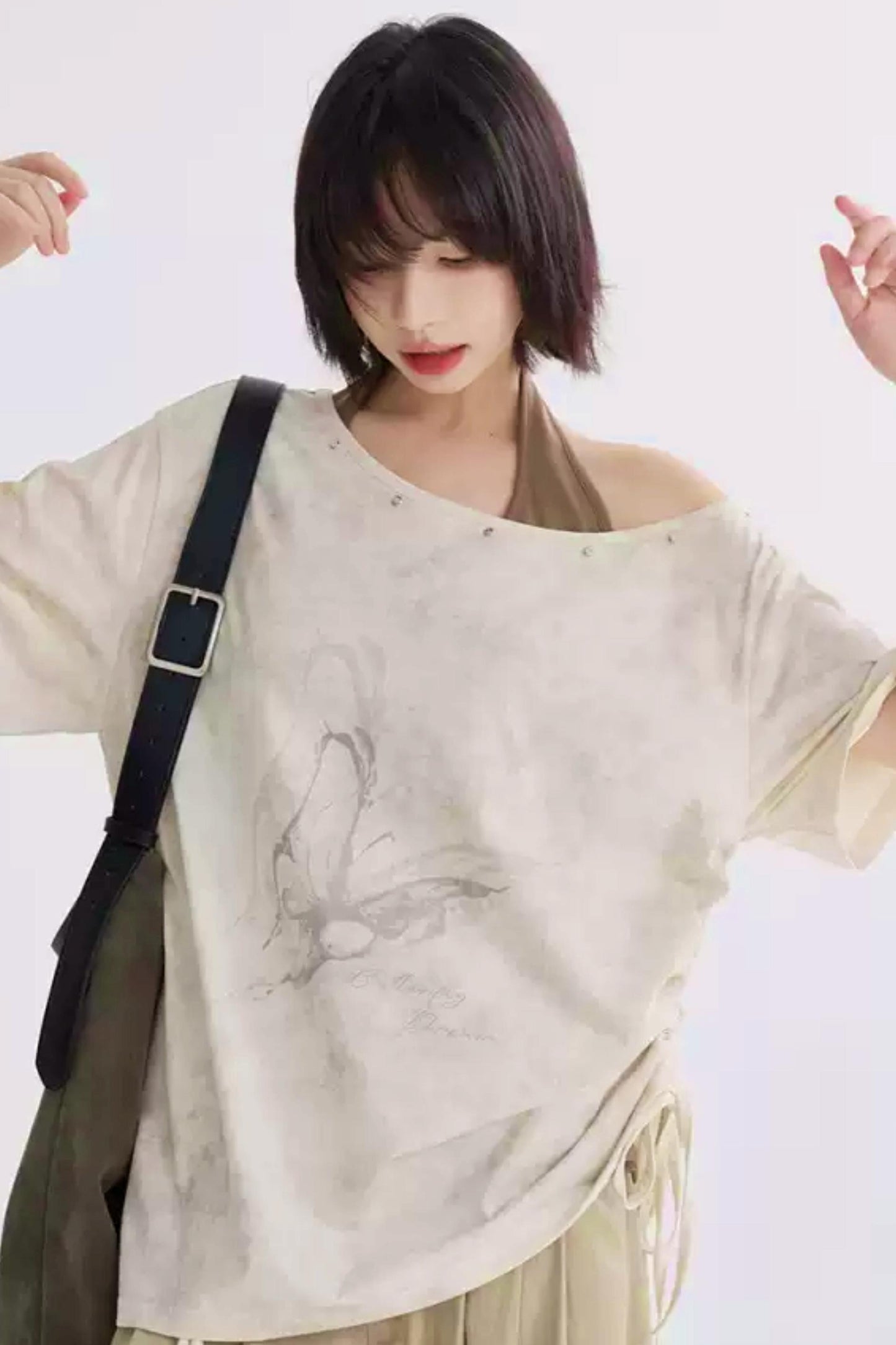 Wide Neck Butterfly Print Tee Shirt