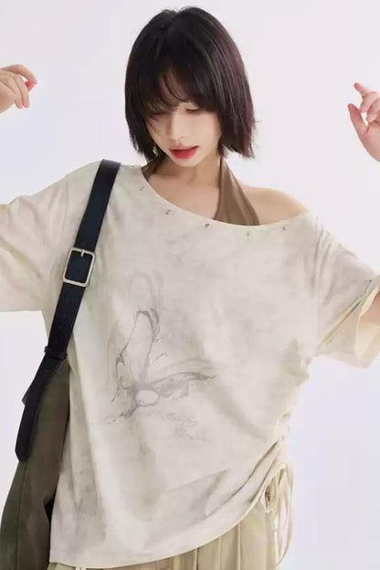 Wide Neck Butterfly Print Tee Shirt