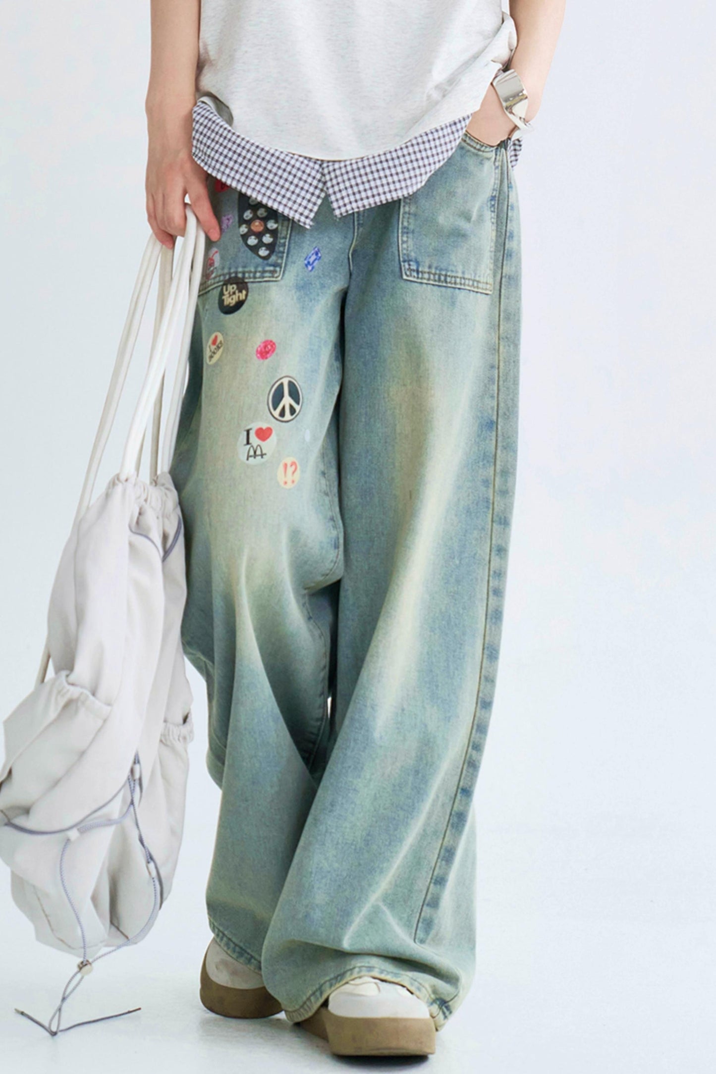 Retro Print Straight Leg Denim Pants