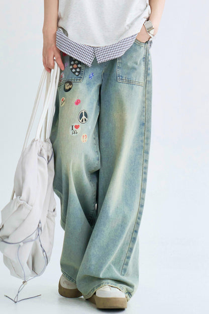 Retro Print Straight Leg Denim Pants