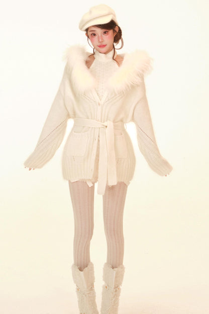 Halter Neck Fuzzy Knit Jacket + Top + Pants