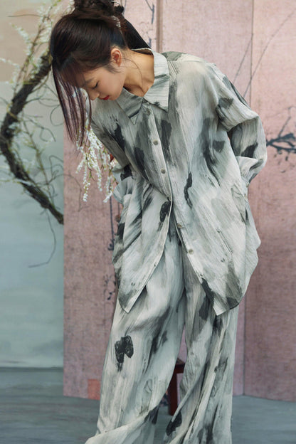 Gray Gradient Print Blouse + Easy Pants