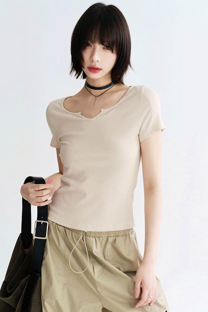 Ribbed Large Neckline Cropped Tee Shirt