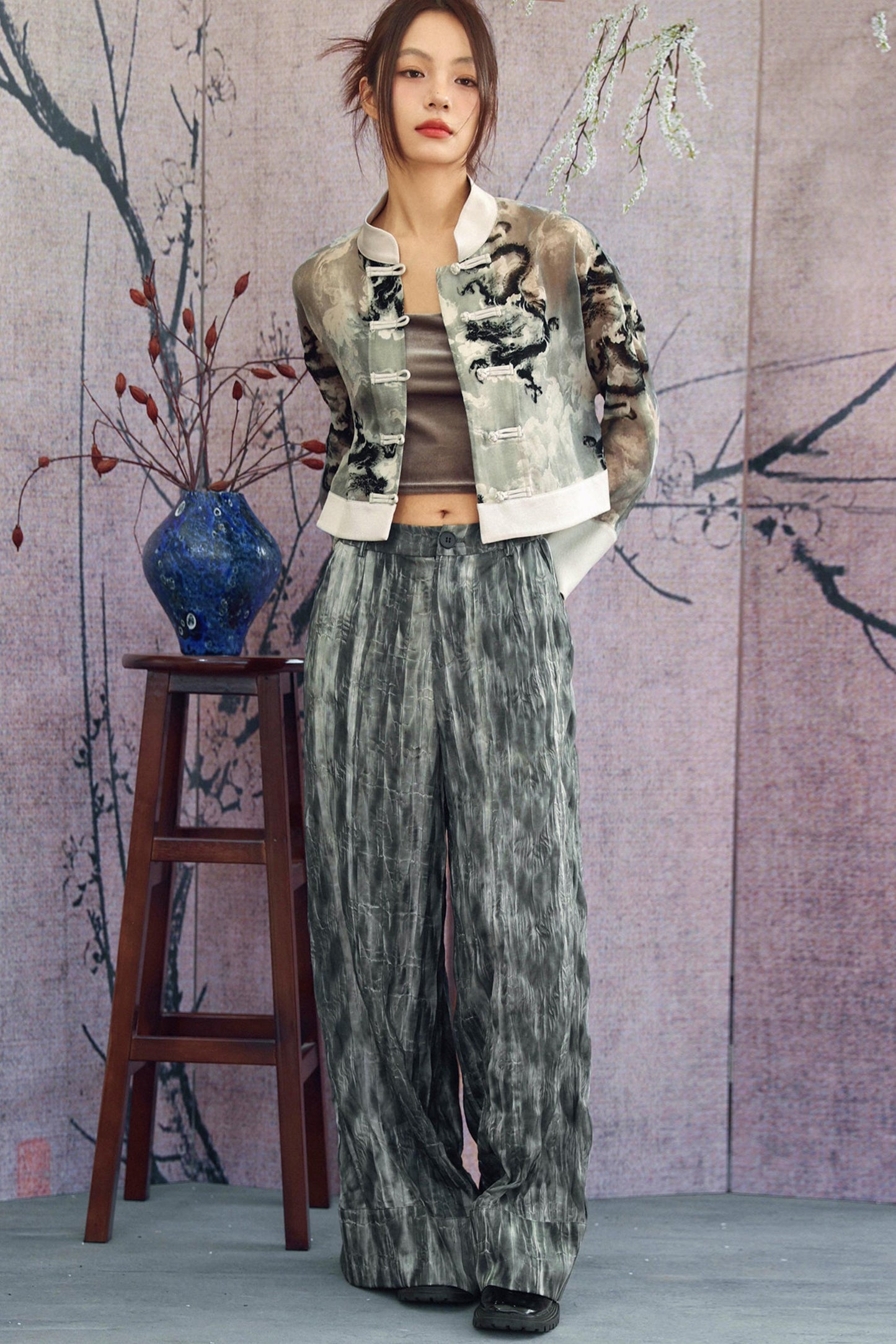 Gray Gradient Crinkled Wide Pants