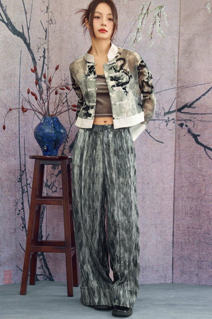 Gray Gradient Crinkled Wide Pants