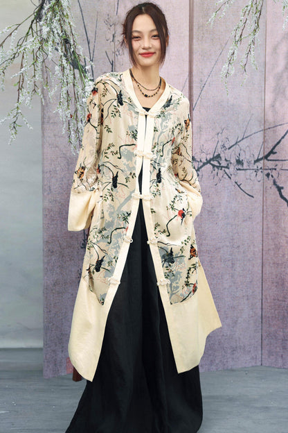 Floral Print Sheer Satin Chinese-Style Long Cardigan