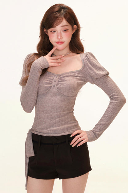 フレンチオープンネックスイートパフスリーブトップス