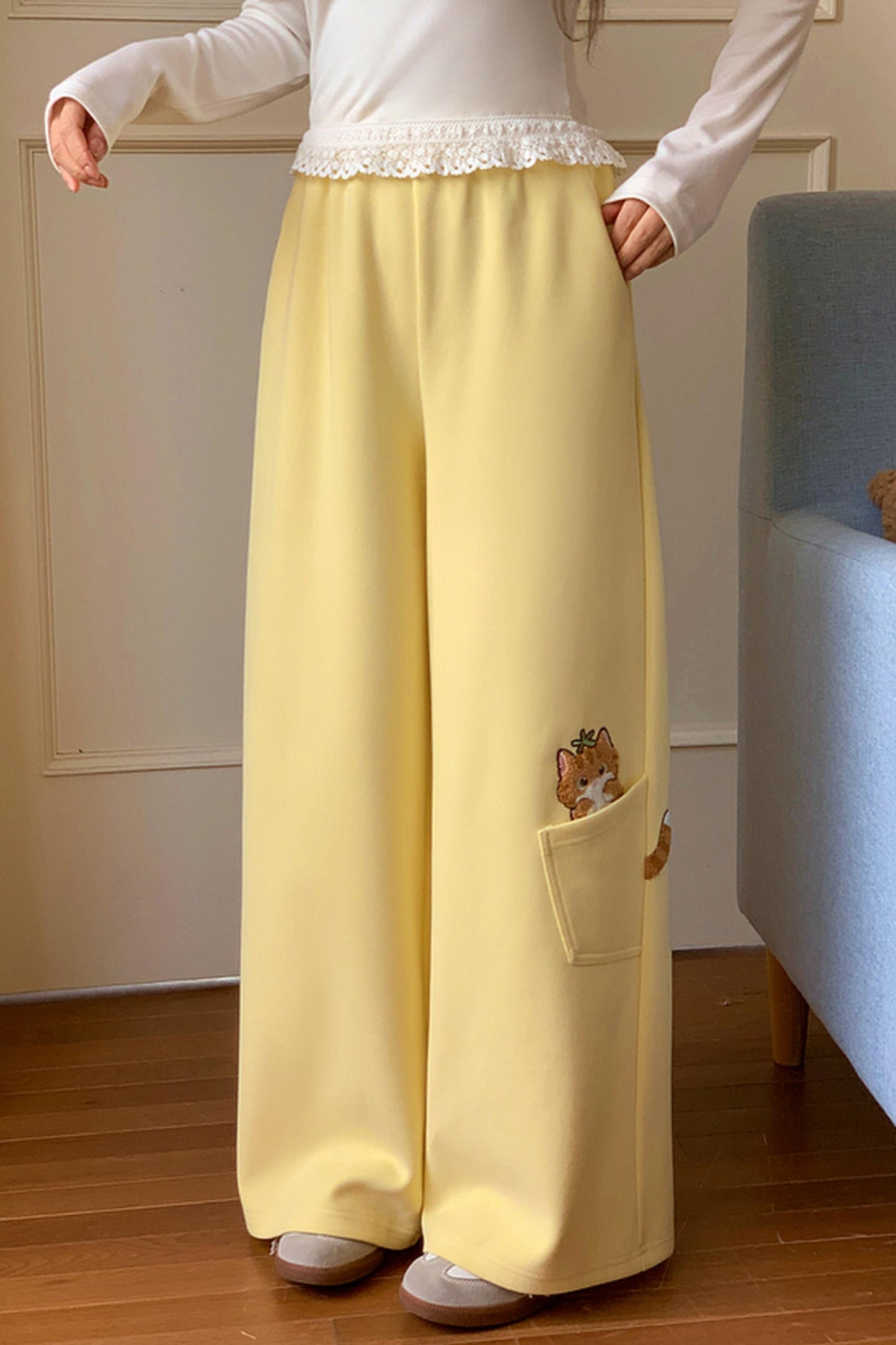 Orange Cat Embroidered Sweatpants