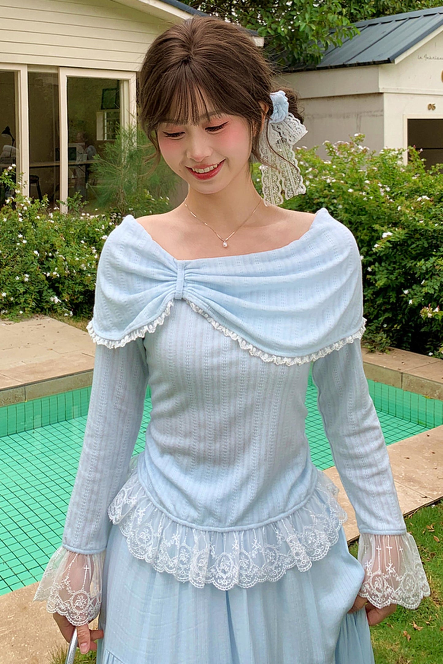 レースパッチワークオフショルダートップス+ロングスカート