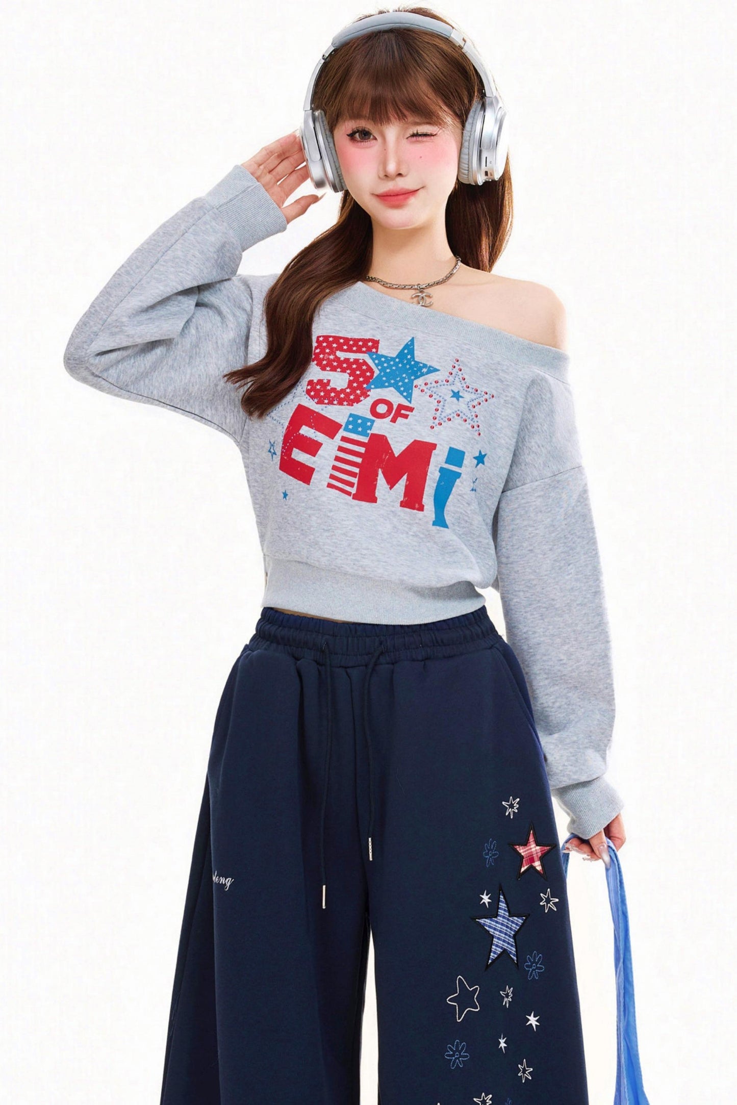Retro Letter One Shoulder Sweatshirt