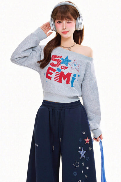Retro Letter One Shoulder Sweatshirt