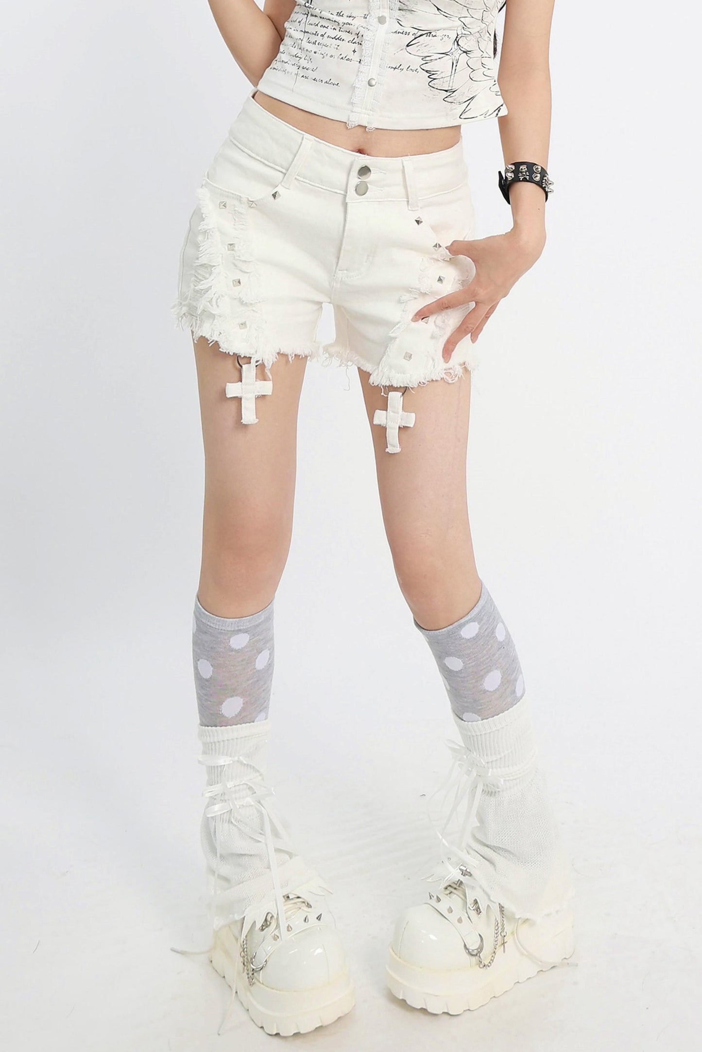 Cross Charm Distressed Shorts