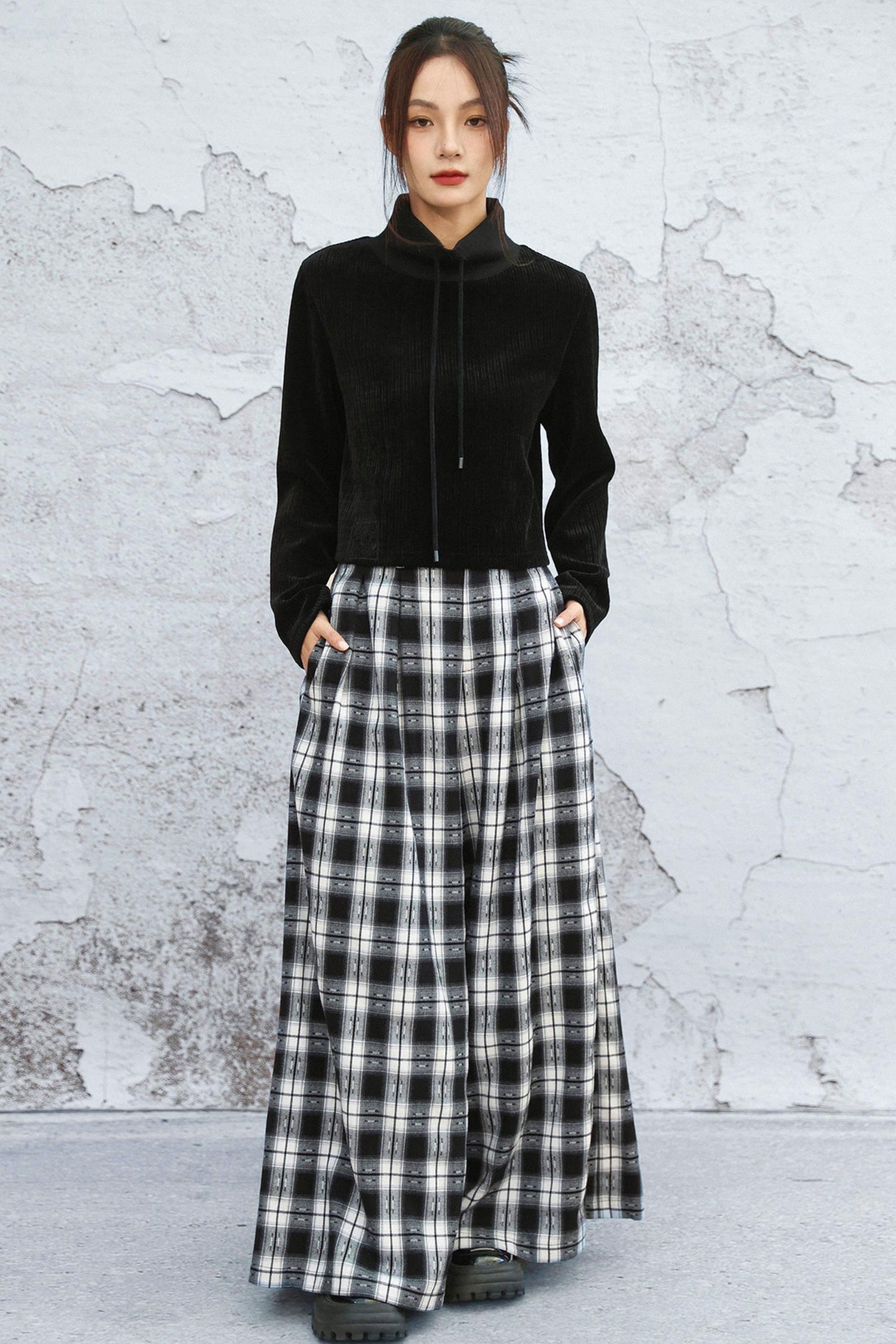 モノトーンチェックワイドレッグパンツ