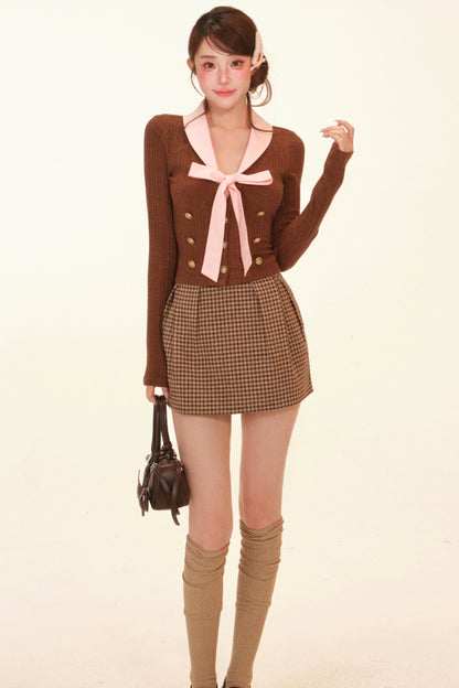 Cream Caramel Plaid Winter Coat + Top + Skirt