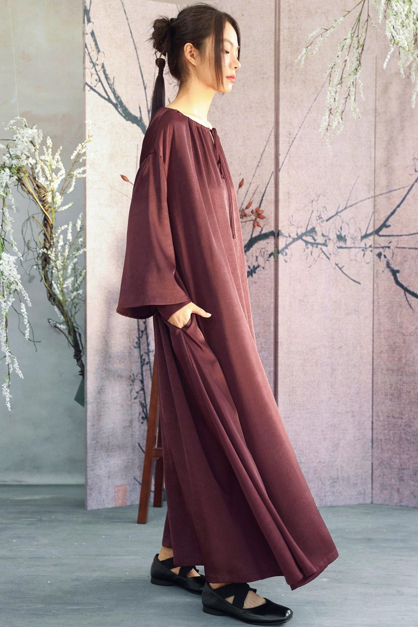 プラムパープルサテンレトロドレス