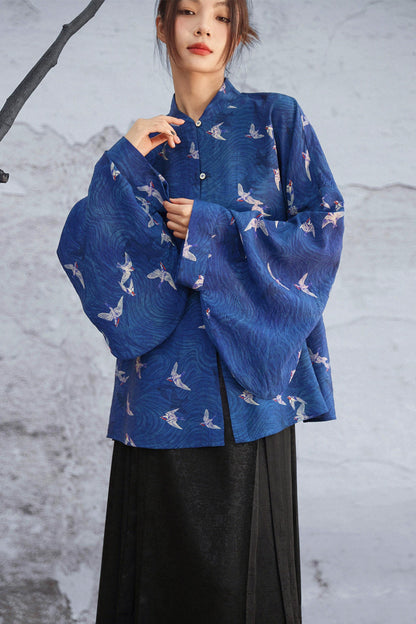 Dark Blue Retro Bird Pattern Stand Collar Shirt