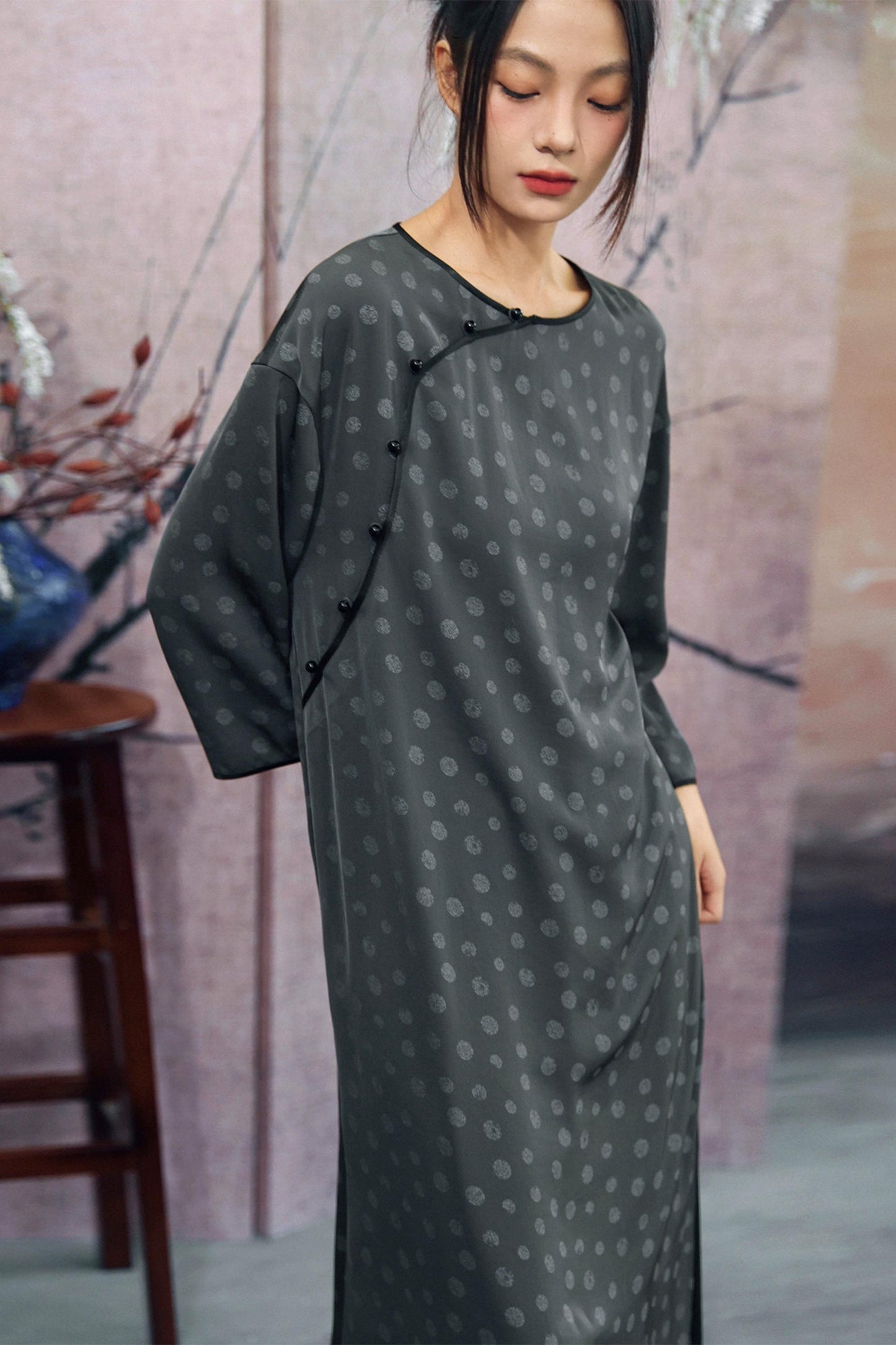 Dot Print Chinese Slit Long Dress