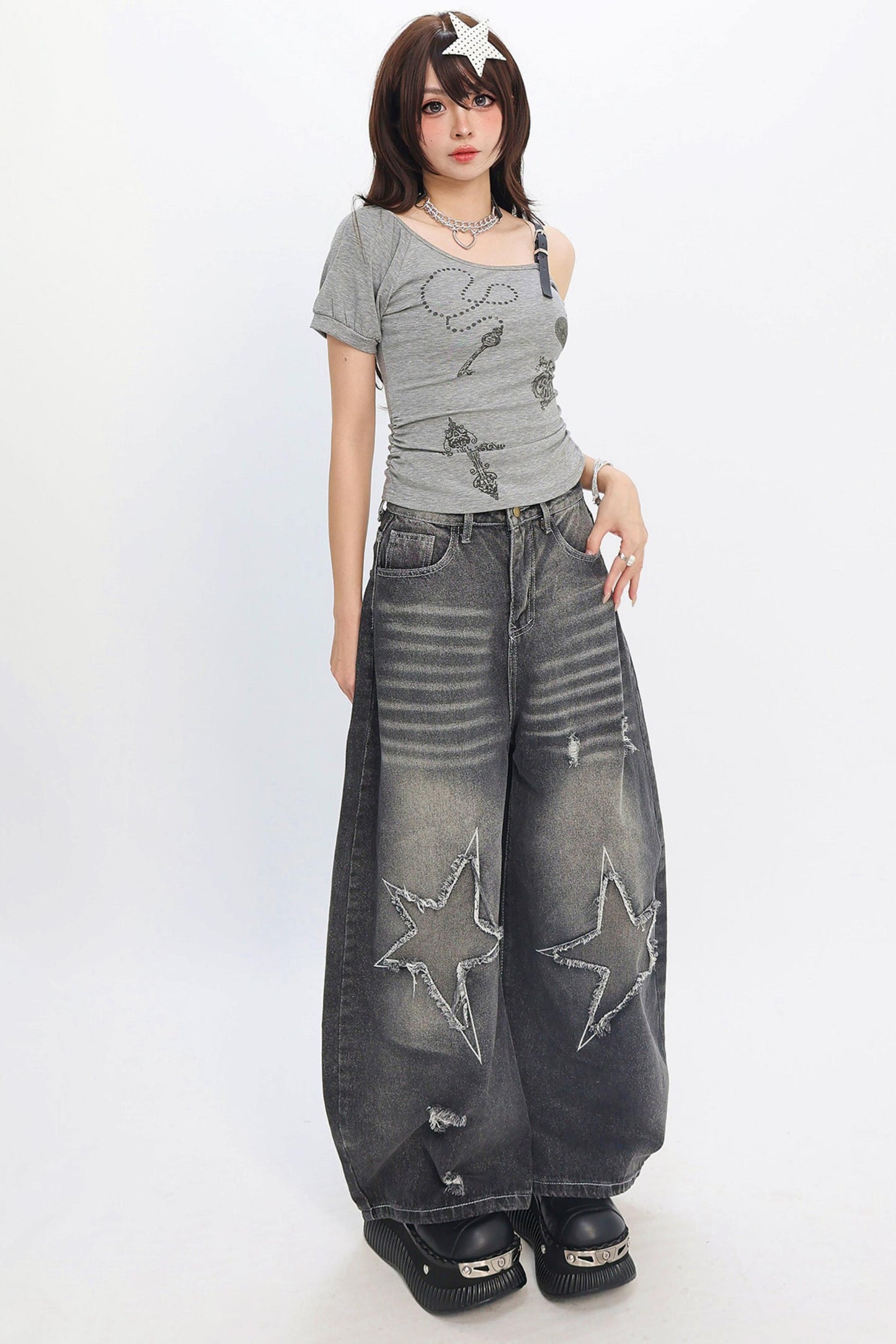 Y2K Star Patch Wide-Leg Jeans