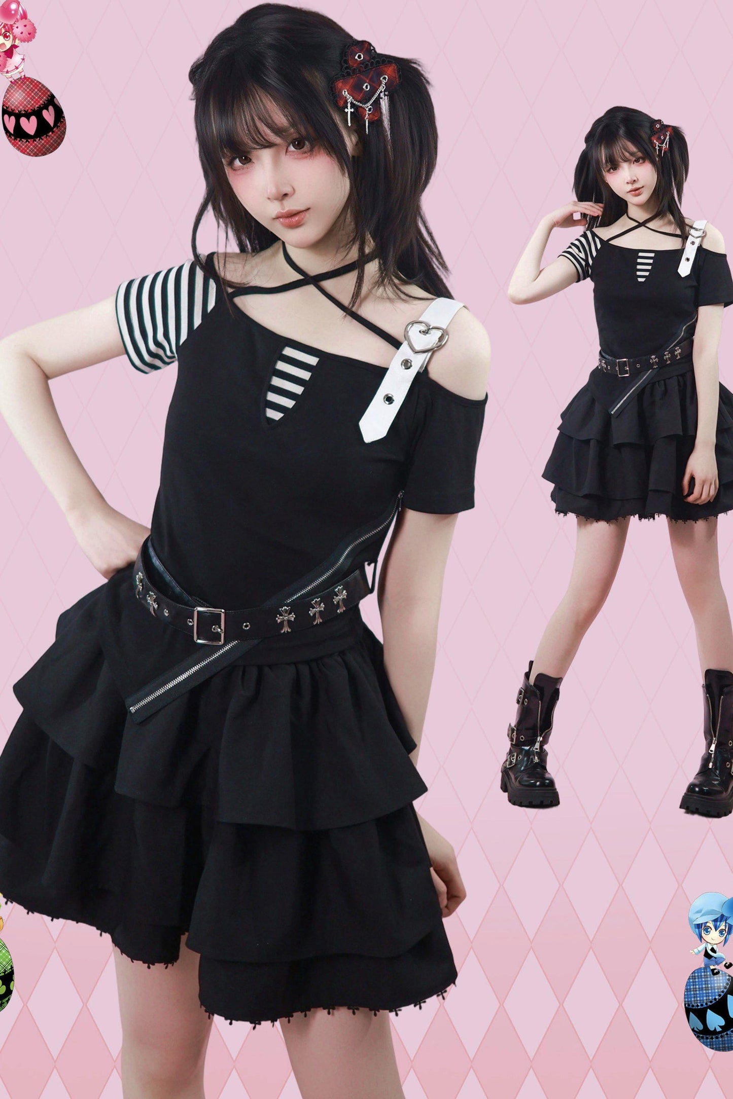 Heart Belt Off-Shoulder Punk Jirai Kei T-Shirt