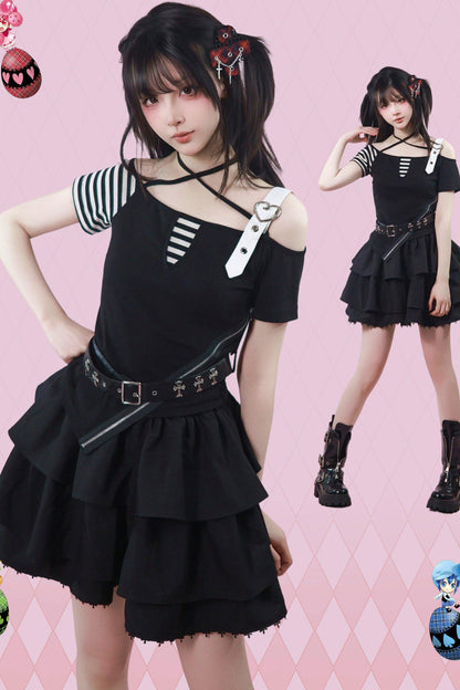 Heart Belt Off-Shoulder Punk Jirai Kei T-Shirt