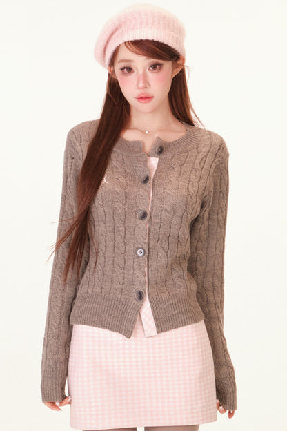 Plaid Wool Knit Cardigan + Skirt