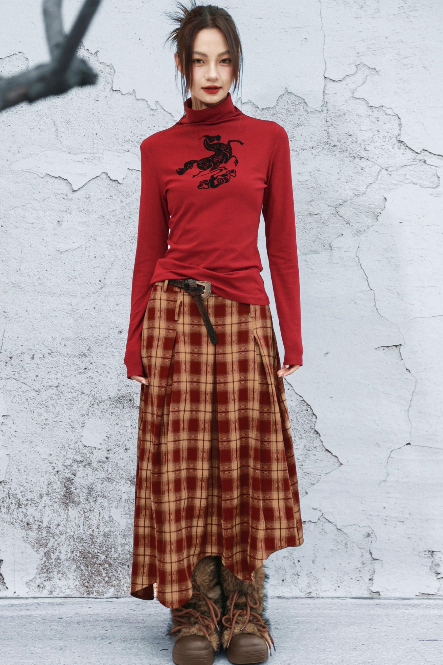 ダブルウエスティッドプラッドスカート