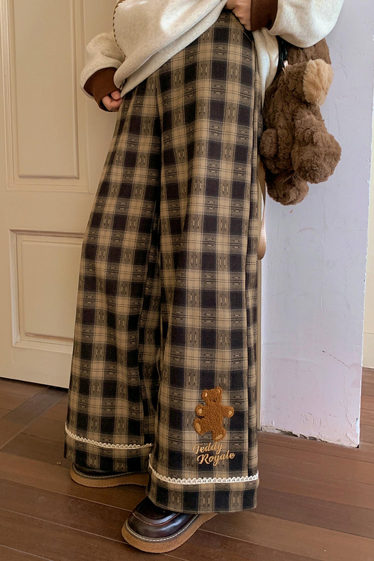 Fleece-Lined Wide Plaid Pants