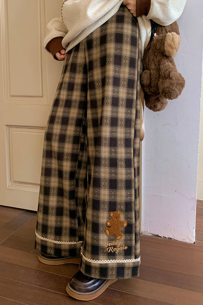 Fleece-Lined Wide Plaid Pants
