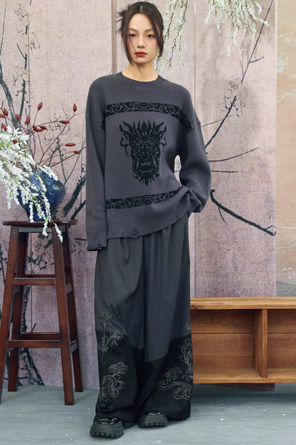 Gray x Black Embroidered High-Waist Wide-Leg Pants