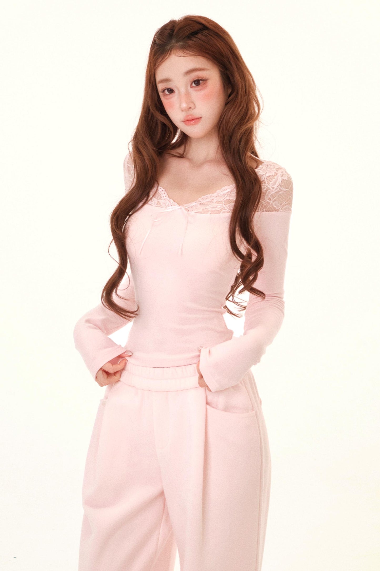 Brushed Lace Patchwork Blouse + Hem Sweatpants