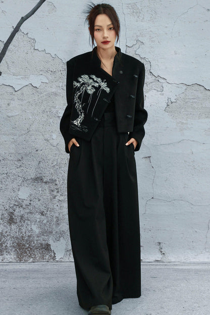 ブラックエンブロイダードウールンコート