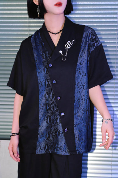 Asymmetrical Collar Snake Print Shirt (with Snake Motif Brooch)