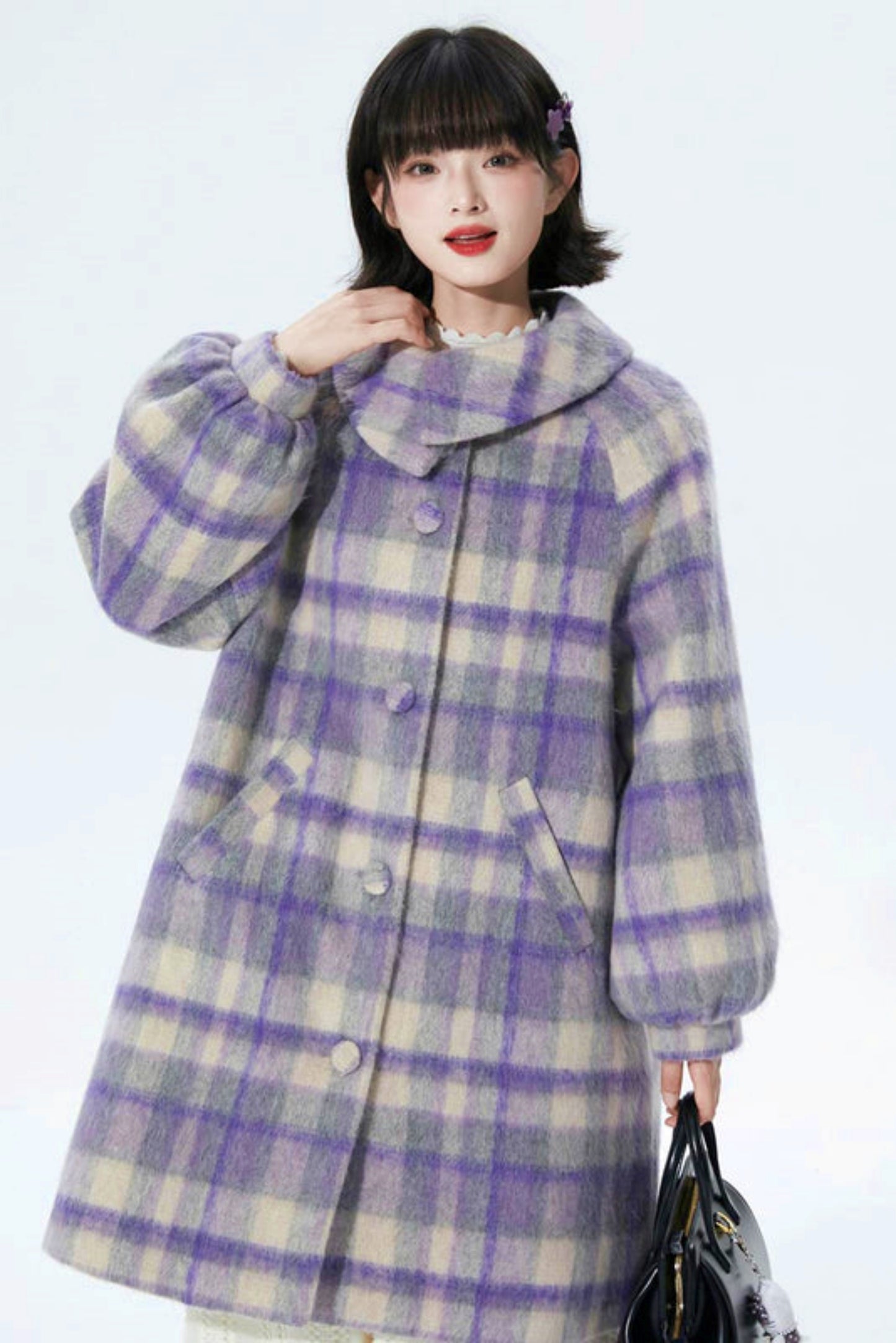 Purple Plaid Woolen Coat