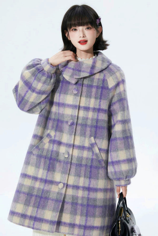 Purple Plaid Woolen Coat