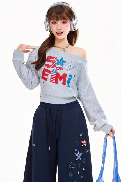 Retro Letter One Shoulder Sweatshirt