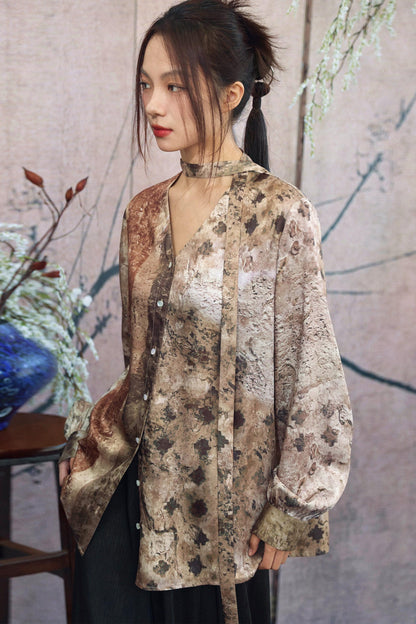 Retro Art Print Satin Choker Blouse