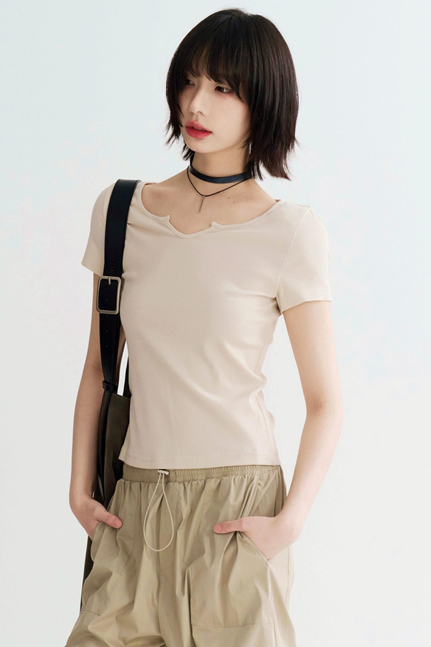 Ribbed Large Neckline Cropped Tee Shirt