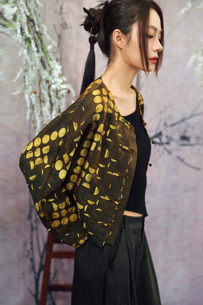 Schwarz-goldene kurze China-Jacke aus Jacquard