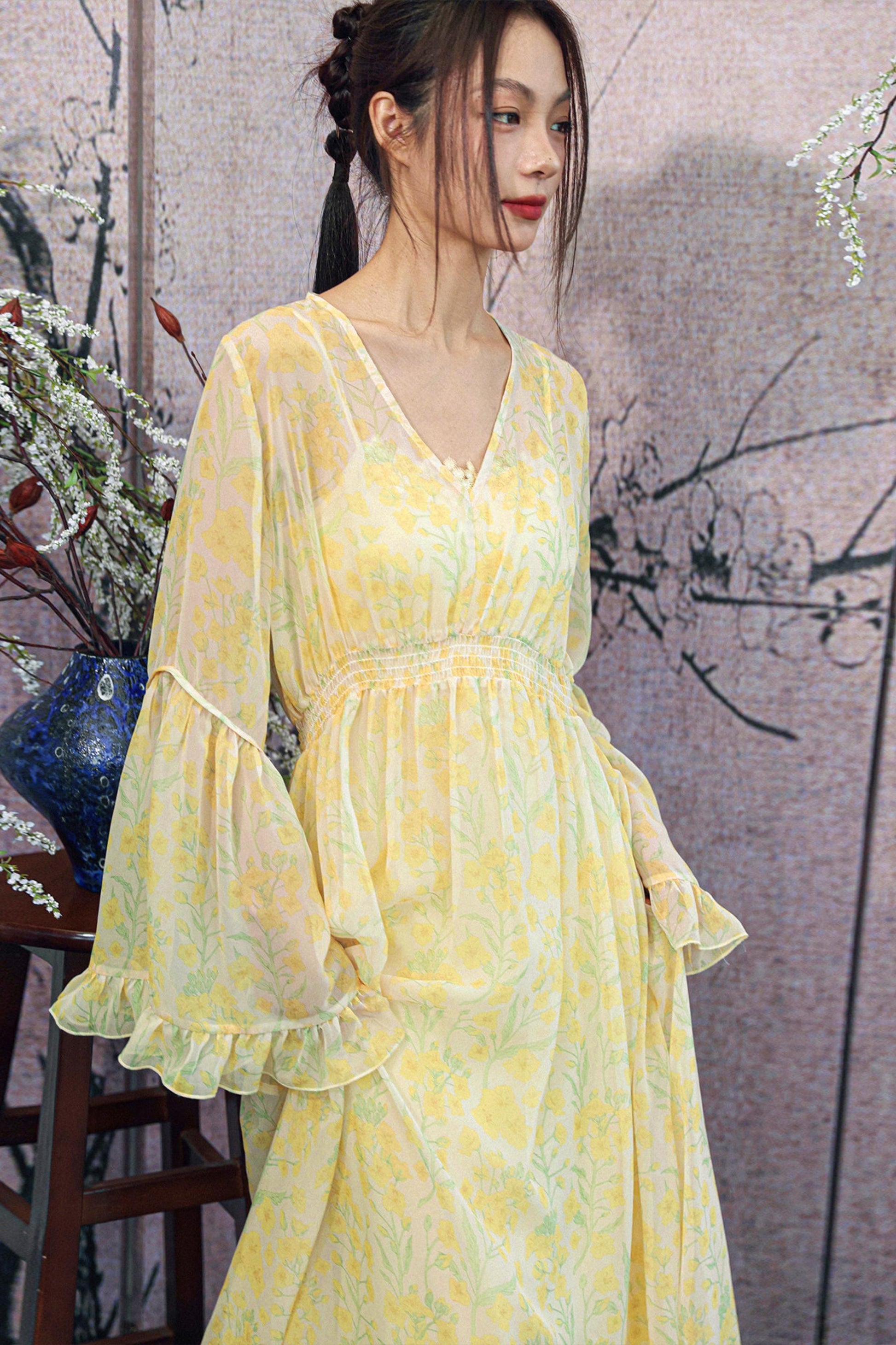 Yellow Floral Chiffon Dress – Belchic
