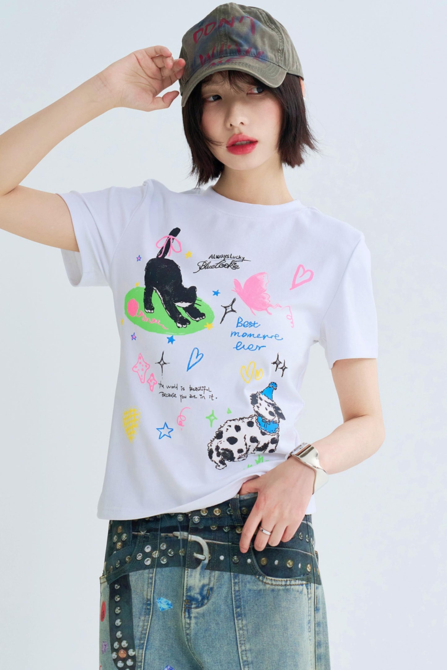 Cropped Graffiti Print Tee Shirt