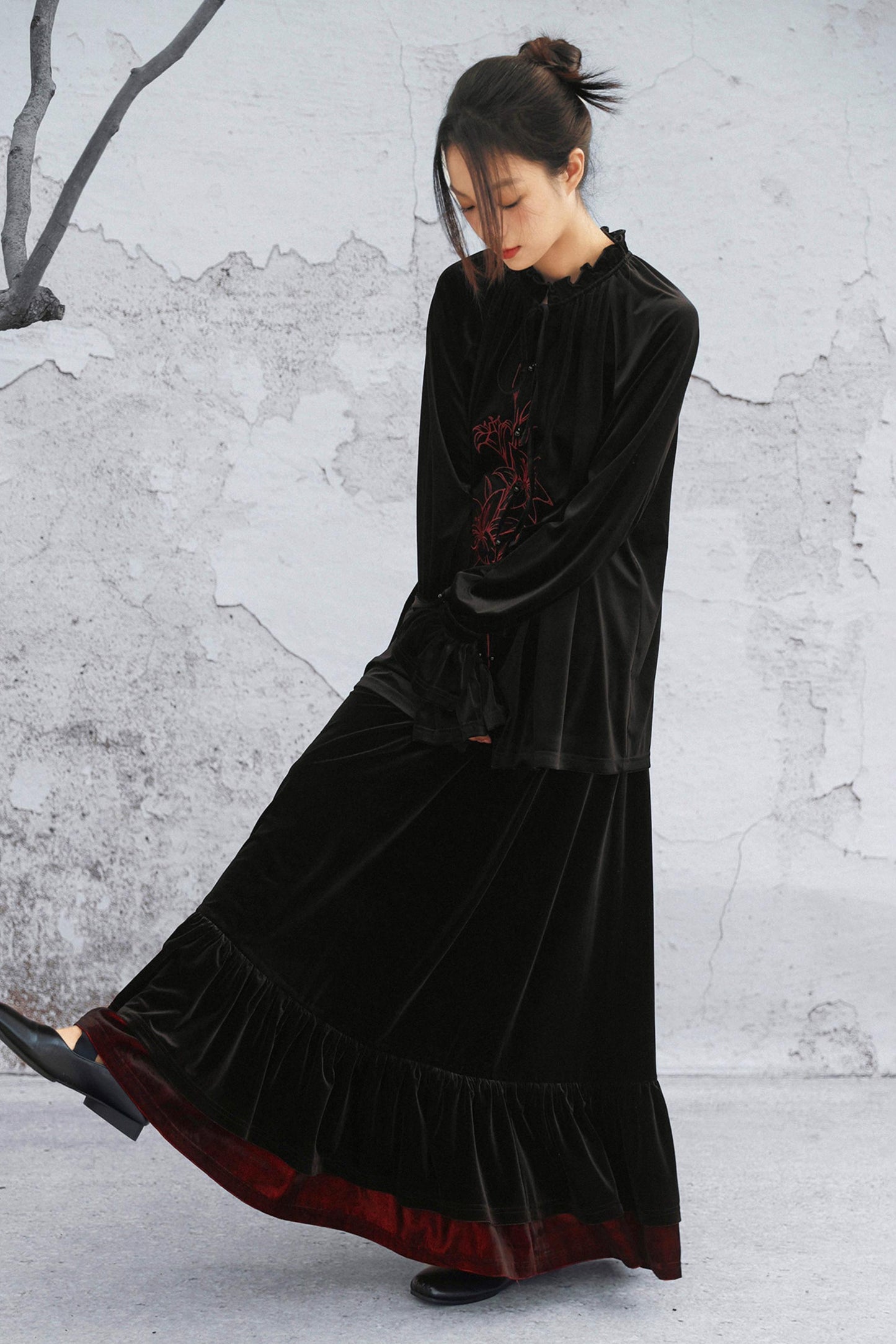 Black Velvet Lily Embroidered Blouse