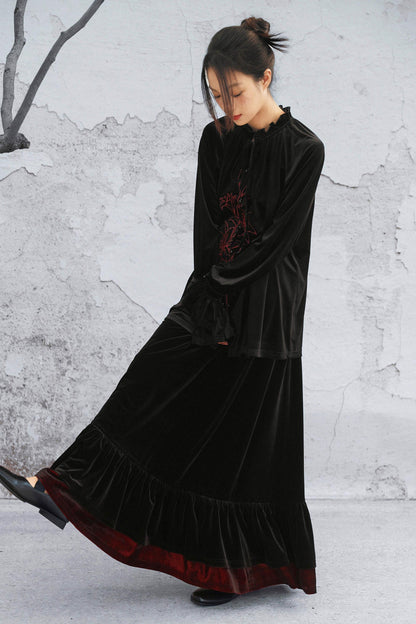 Black Velvet Lily Embroidered Blouse