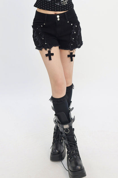 Cross Charm Distressed Shorts