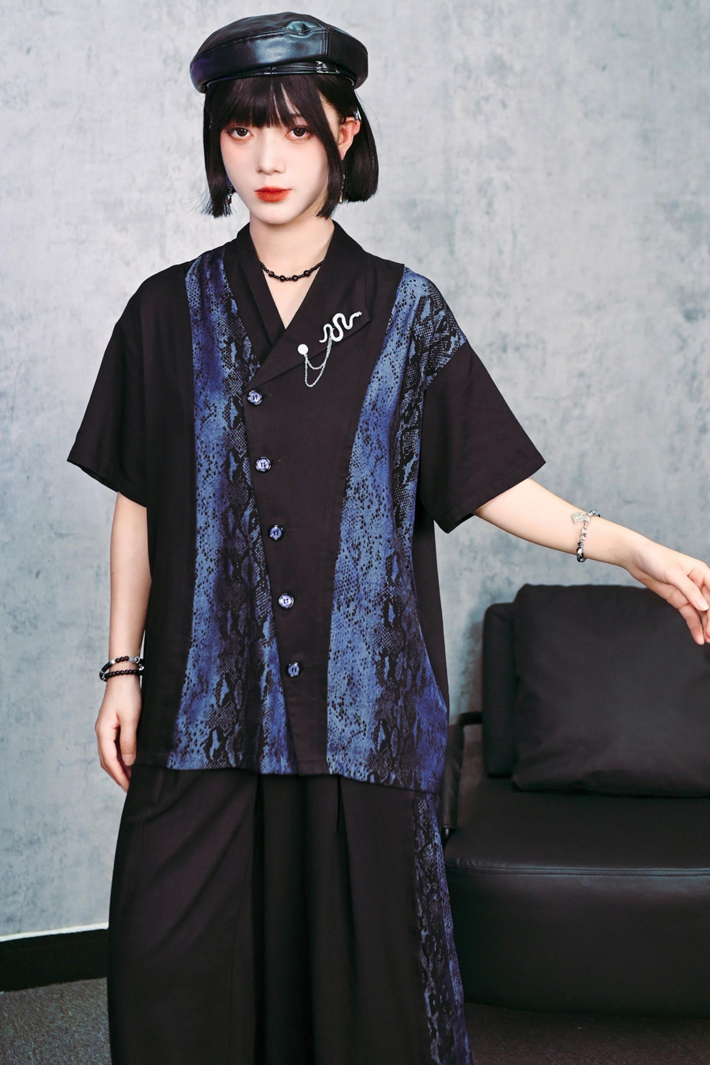 Asymmetrical Collar Snake Print Shirt (with Snake Motif Brooch)