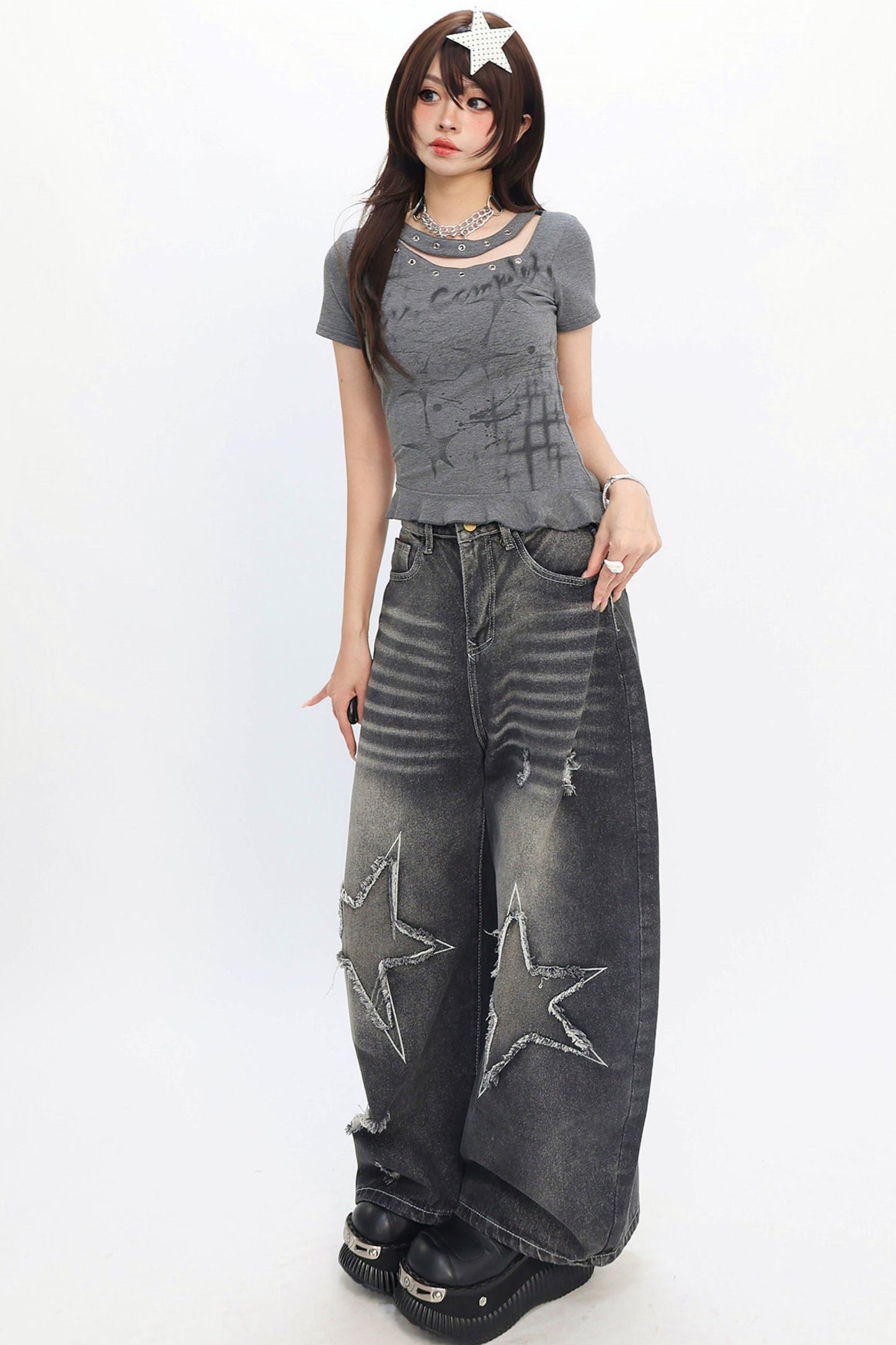 Y2K Star Patch Wide-Leg Jeans